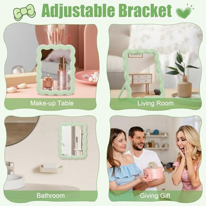 Desk Mirror, Wave-Shaped Adjustable Desk Vanity Makeup Mirror Office Cubicle with Eyebrows Tweezer, 6.7*5.3In Cute Travel Portable Folding Make Up Mirrors for Standing Hanging Home Decoration(Green)