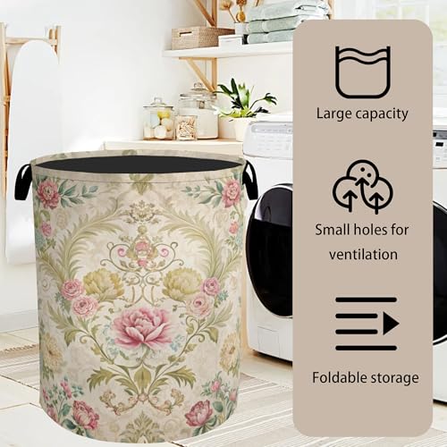 Shabby Chic Rose Laundry Basket with Handles - Extra Large Foldable Hamper for Bathroom/Laundry/Bedroom/Dorm, Washable Fabric Storage Bin - color: Shabby Chic Rose