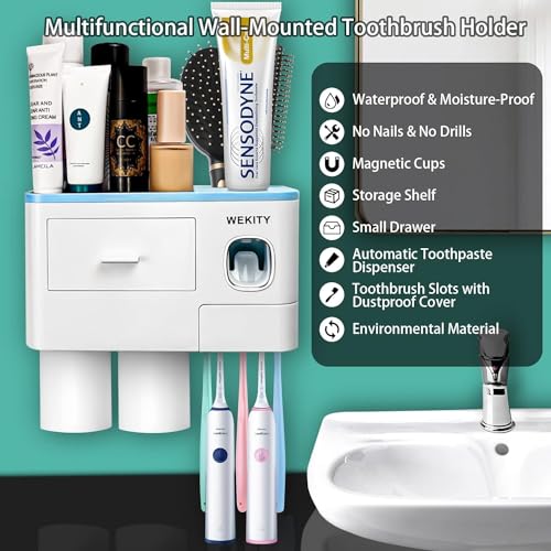 Multifunctional Wall-Mounted Toothbrush Holder, Automatic Toothpaste Dispenser Space Saving Toothbrush and Toothpaste Holder, with 2 Cup and Drawers Cosmetic Organizer (Blue) - color: Blue