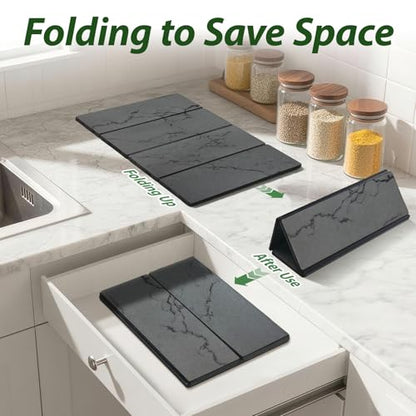Large Stone Drying Mat for Kitchen Counter, 24"x16" Collapsible Quick Dry Dish Drying Mat, Water-Absorbent Marble Diatomaceous Earth Mats for Bottles Cups Dishes, Match Any Countertop - color: 4-fold Gray