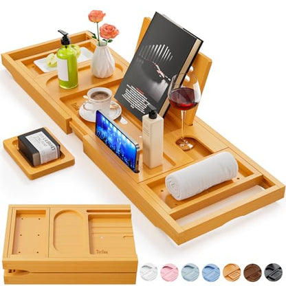 Bamboo Bath Tray, Foldable Premium Bath Caddy, Adjustable Bath Board with Book Rest, Extendable Wooden Tray Bath Shelf – Fits Most Bath Sizes - color: Bamboo