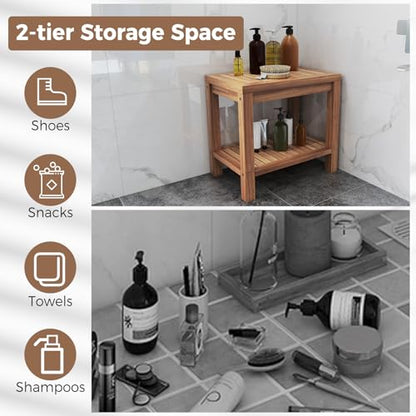Giantex Teak Shower Bench with Shelf, 19 Inch Shower Stool with Slatted Seat for Elderly Seniors, Waterproof Bathroom Spa Bathing Seat Foot Rest Entryway Bench for Indoor and Outdoor Use - size: 19" x 12.5" x 18"