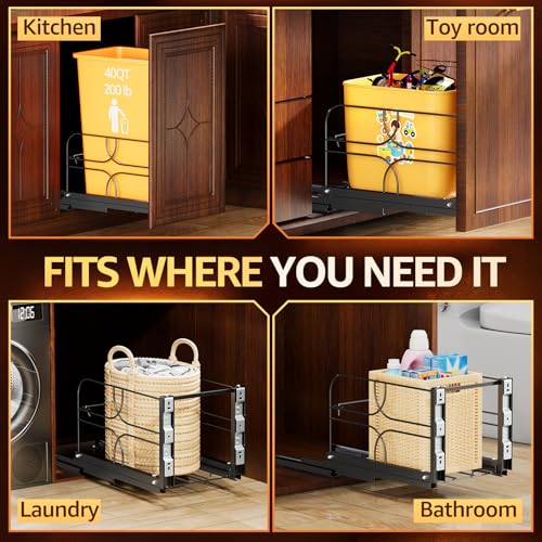 Pull Out Trash Can Under Cabinet, Soft Close Heavy Duty 200LB, Black | Under Sink Trash Can Organizer, Full Extension Slides, Fits 12 W x 17 D Cabinet Opening, Kitchen Cabinet, Can Not Included - color: Black, size: Single