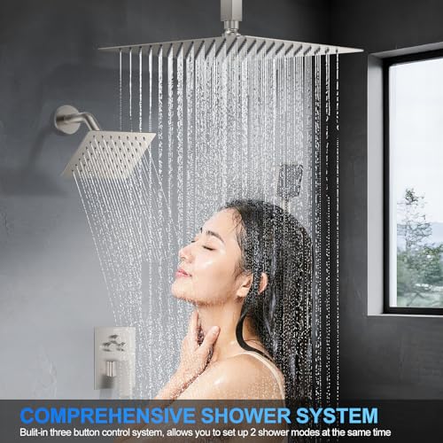 Shower Faucet Set, 12" Ceiling Mount Rainfall Shower System with 2 Rain Shower Head and Multi-function Handheld Head Push Button Diverter Shower Faucet Trim Kit (12", Brushed Nickel) - color: Brushed Nickel, style: 12"-Ceiling-01