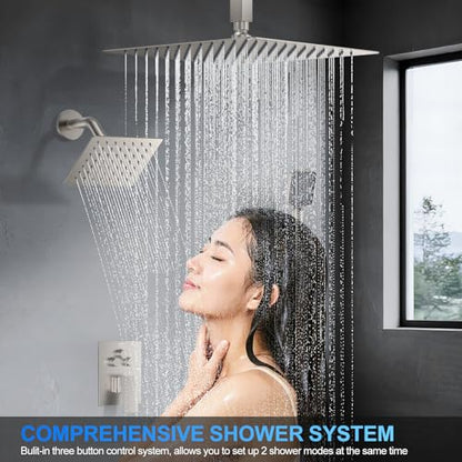 Shower Faucet Set, 12" Ceiling Mount Rainfall Shower System with 2 Rain Shower Head and Multi-function Handheld Head Push Button Diverter Shower Faucet Trim Kit (12", Brushed Nickel) - color: Brushed Nickel, style: 12"-Ceiling-01