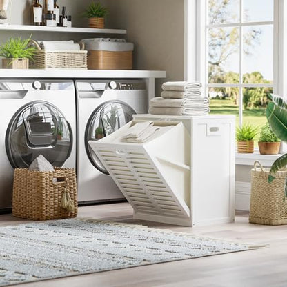 HITNET Tilt Out Laundry Hamper Cabinet, Bathroom Laundry Cabinet with 20 Gallon Clothes Basket, Space Saving Freestanding Bamboo Storage Organizer for Towels and Toys, White - color: White