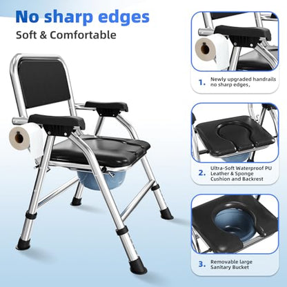 4 in 1 Folding Bedside Commode Chair for Elderly, Padded Seat & Backrest | Adjustable Height Raised Toilet Seat with Handles, Adults Potty Chair for Seniors, Disabled, Holds Up to 350 lbs - color: With Paper Roll Holder