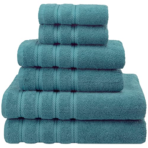 American Soft Linen 100% Carde Cotton 6 Piece Towel Set, 590 GSM Heavy Weight Soft Absorbent Turkish Towels for Bathroom, Teal Green - color: Colonial Blue