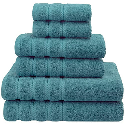 American Soft Linen 100% Carde Cotton 6 Piece Towel Set, 590 GSM Heavy Weight Soft Absorbent Turkish Towels for Bathroom, Teal Green - color: Colonial Blue