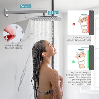 SR SUN RISE Shower Faucet Set & System - 12 Inch Rainfall Shower Head & Handle Set Wall Mounted Polished Chrome Solid Brass Valve Trim Kit Included - color: Polished Chrome, size: 12 Inch