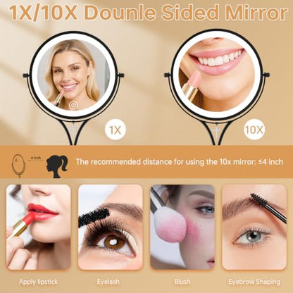 7" Lighted Makeup Mirror with Lights and 1X/10X Magnification,Black | Double Sided Standing Magnifying Vanity Mirror with Light, Blessed Cross, Height Adjustable, Rechargeable, Dimmable, Light Up