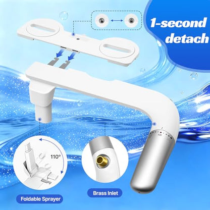 Left-Hand Bidet Attachment for Toilet,0.23 Inch Ultra-Thin Non-Electric | Foldable Dual Nozzle,One Click Quick Detach,Adjustable Water Pressure,Cold Water Only,Fits Most Toilets,Rotation Control,Oval