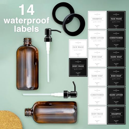 Vine Creations Amber Glass Soap Dispenser, 2 Pack Kitchen Soap Dispenser Set with Stainless Steel Pump, 16 oz Dish Soap and Hand Soap Dispensers for Bathroom with Waterproof Labels - color: Amber Bottle / Matte Black Pump