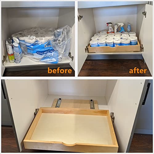 26'' Under Sink Organizers Storage Dovetail Drawer Rollout Drawer Wood Tray Kitchen Organizer Cabinet Slide Out Shelve Pull-Out Shelf Organization Assembled w/Sliders (26'' Width/one Drawer) - size: 26'' W x 18''D