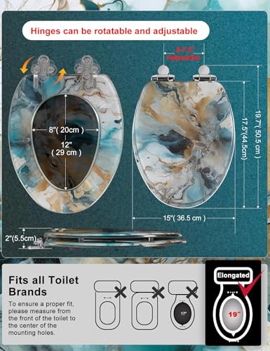 Angol Shiold ELONGATED Resin Soft Close Toilet Seat Marble 18.5" | Quick Release Heavy Duty Decorative Acrylic Seats Easy to Clean (Modern Green Marble Art Print) - color: Green
