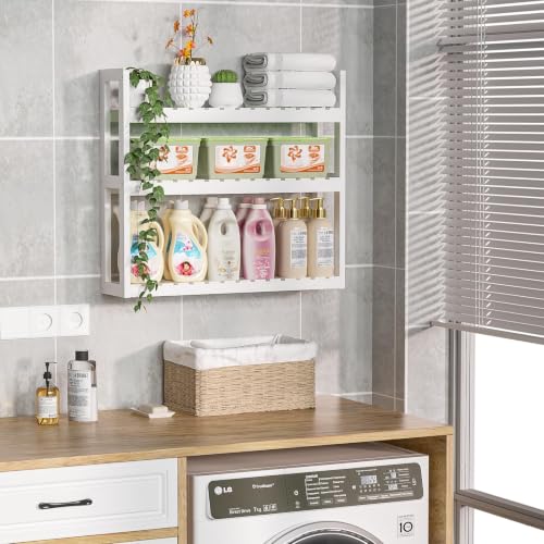 Domax Bathroom Shelves Over Toilet Storage - 3 Tier Wall Mounted Bamboo Bathroom Shelf Organizer Multifunctional Adjustable Layer Free Standing Utility Shelves for Bathroom Living Room Kitchen, White - color: White