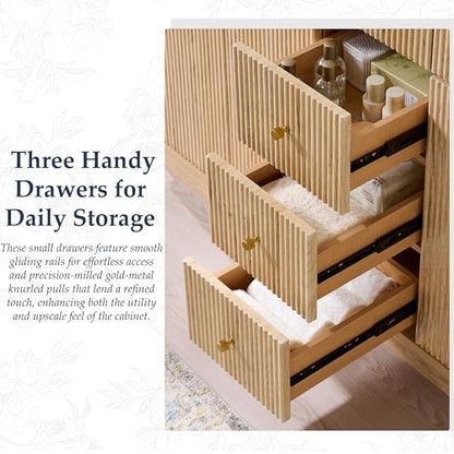 T4TREAM 60" Fluted Bathroom Vanity with Double Sink, Natural Oak | Integrated Resin Sink, 2 Large Storage Cabinets, Adjustable Shelf, 3 Drawers, Three pre-drilled faucet holes, Mid-Century - color: Natural Oak, size: 60" (Bouble Sink)