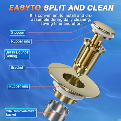 Bathroom Sink Drain Strainer,(3PCS) Pop-up Sink Drain Strainer with Removable Stainless Steel Strainer Basket Hair Catcher, Bathroom Sink Strainer for Bathroom Sink Stopper Replacement - color: 3, Brushed Gold