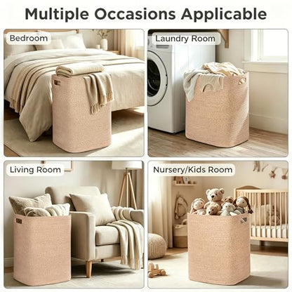 Large Laundry Hamper 16"x13"x22" - Tall Woven Baby Laundry Basket, Cotton Rope Clothes Hamper Bin, Wicker Storage Basket for Toys, Blankets, Nursery Bedroom Aesthetic, Soft Brown Hamper, 75L - color: Brown