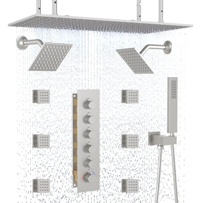 HOMEDEC Dual Side 6" Wall Mounted Shower System, 15.7x31.5" Ceiling Rain Shower, with Handheld and 6 Spray Jets, Brushed Nickel - color: Brushed Nickel, style: 5-Way + 2x 6" Top