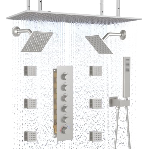 HOMEDEC Dual Side 6" Wall Mounted Shower System, 15.7x31.5" Ceiling Rain Shower, with Handheld and 6 Spray Jets, Brushed Nickel - color: Brushed Nickel, style: 5-Way + 2x 6" Top
