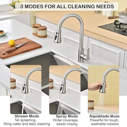 Universal Kitchen Faucet Head Replacement Brushed Nickel,ABS | 3 Function Pull Down Sink Spray Nozzle with 17 Adapter Compatible with Moen,Delta,Kohler,WEWE,American Standard Faucet - color: Brushed Nickel