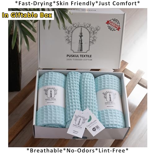 PÜSKÜL Natural 100% Turkish Cotton Waffle Towels Set of 4-Piece, Turquoise | 2-Bath sheet (Extra-large 32x63") and 2-Hand towel (Large 32x16"). Premium honeycomb-waffle weave, oeko-tex made in Turkiye. - color: Turquoise