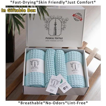 PÜSKÜL Natural 100% Turkish Cotton Waffle Towels Set of 4-Piece, Turquoise | 2-Bath sheet (Extra-large 32x63") and 2-Hand towel (Large 32x16"). Premium honeycomb-waffle weave, oeko-tex made in Turkiye. - color: Turquoise