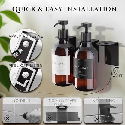 Shower Shampoo Dispenser Wall Mounted – 3 Refillable 16.9 oz Amber Bottles with Stainless Steel Pumps & No-Drill Adhesive Holders – Soap Dispenser Set for Bathroom (3 X Amber/Black) - color: 3 X Amber/Black