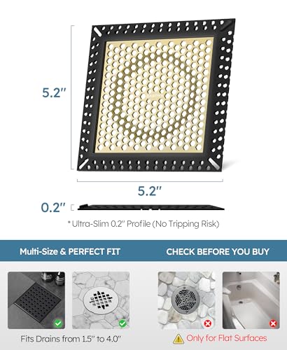 Square Shower Drain Hair Catcher, Anti-Clogging, 4 inch | 304 Stainless Steel and TPE Material/ Not Moving / Easy Clean / Fast Drainage / Fits Bathroom Hair Catcher for Shower - color: Matte Black & Brushed Gold, size: 4 inch