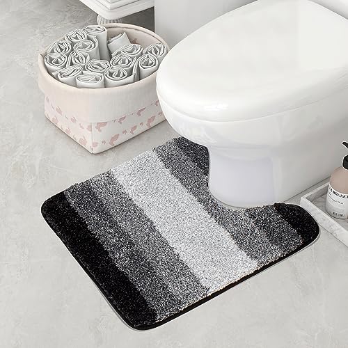 Walensee Contour Rug (20 x 24, Ombre Black) - Non Slip, Water Absorbent, Soft Microfiber Shaggy Bath Mat, Machine Washable, U Shape Toilet Rug - color: Ombre Black, size: 20" x 24" Contour