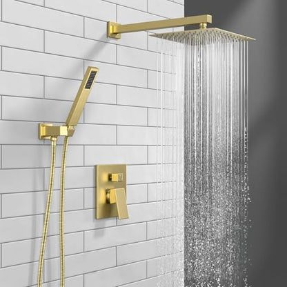 Lava Odoro Modern 2-Setting Square Shower System with Rain Shower Head and Handheld Spray Gold, Rainfall Shower Faucet Set Gold, Shower Valve and Trim Kit, Brushed Gold, SF103-SG - color: Brushed Gold, style: Without Tub Spout