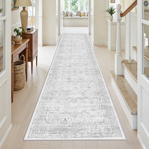 Runner Rug 3x12 Washable Hallway: Non Slip Wide Carpet for Hall Kitchen Farmhouse Vintage Low Pile Long Floor Mat for Entry Bedroom Bathroom Living Room (Grey/Ivory 3x12 ft) - color: Grey, size: 3' x 12' (Rectangular)