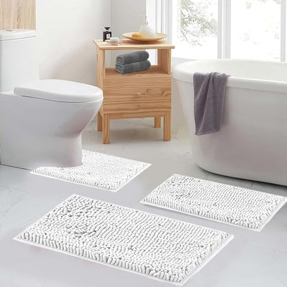 White Bathroom Rugs and Mats Set, 2 Piece Chenille Bath Mat Set, Machine Wash Dry, Non Slip Absorbent Shaggy Bath Rug for Bath Room, Shower and Tub (20" x 32"+16" x 24") Bathroom Rug St Accessories - color: White