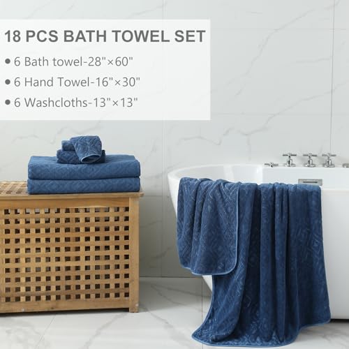 Smuge 18-Piece Bath Towel Set, Include 6 Bath Towel Sheets, 6 Hand Towels and 6 Washcloths - Highly Absorbent Quick Dry 100% Microfiber,Ultra Soft Bathroom Towel Set (Navy Blue) - color: Navy Blue, size: 18 Pcs Bath Towel Set