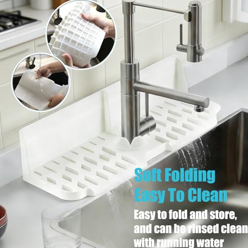 Sink Splash Guard Behind Faucet, 17" x 5.5" Silicone Faucet Drying Mat & Dish Sponge Holder, Fast Self-Draining Kitchen Sink Organizer with Adjustable Fit (White) - color: White