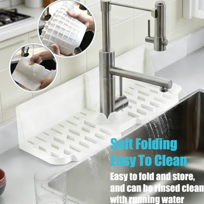 Sink Splash Guard Behind Faucet, 17" x 5.5" Silicone Faucet Drying Mat & Dish Sponge Holder, Fast Self-Draining Kitchen Sink Organizer with Adjustable Fit (White) - color: White