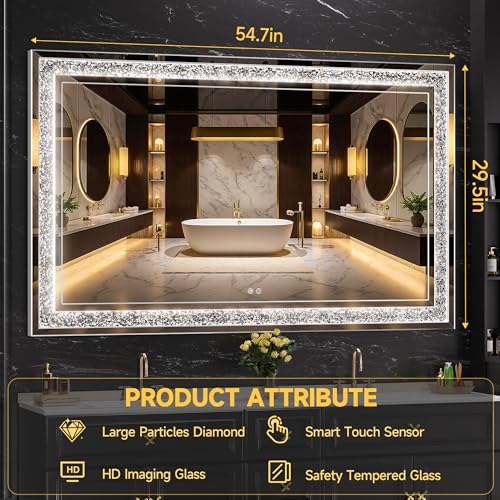 WINNICE 59" x 35" LED Diamond Wall Mirror, Dim & Anti-Fog | Crystal glass, dimmable & anti-fog, mounts vertical/horizontal, ideal for bathroom, bedroom, living room. - size: 59"L x 35"W