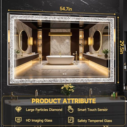 WINNICE 59" x 35" LED Diamond Wall Mirror, Dim & Anti-Fog | Crystal glass, dimmable & anti-fog, mounts vertical/horizontal, ideal for bathroom, bedroom, living room. - size: 59"L x 35"W