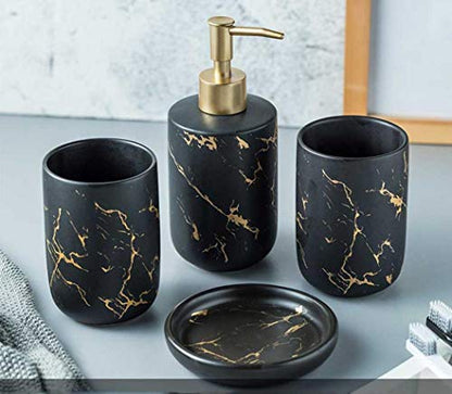 Bathroom Accessory Set Ceramics Bathroom Set Accessories Complete Set Vanity Countertop Accessory Set Includes Soap Dish Lotion Dispenser Tumblers (Black（Four Piece）)
