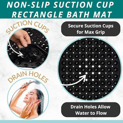 ENKOSI Non-Slip Bath & Shower Mat 40x16 Extra Long, Suction & Drain Holes | Black color; Durable PVC; 40x16 in, Black - color: Black