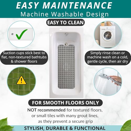 ENKOSI Non-Slip Bath & Shower Mat 40x16 Extra Long, Suction & Drain Holes | Clear Gray look; Durable PVC; 40x16 in, Clear Gray - color: Clear Gray