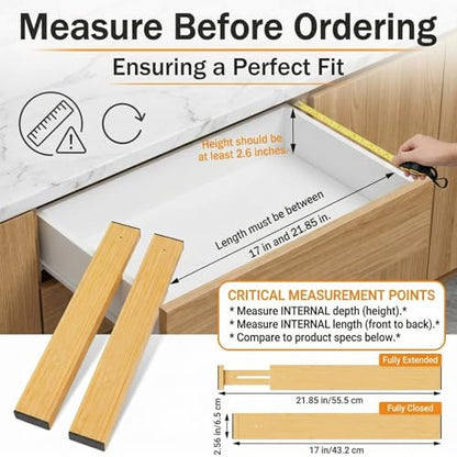 FUSHITON Bamboo Drawer Dividers 17"-22" Adjustable Expandable Drawer Organizers Spring Loaded Drawer Separators for Kitchen Dresser Bathroom Bedroom Office Storage, 4 Pack