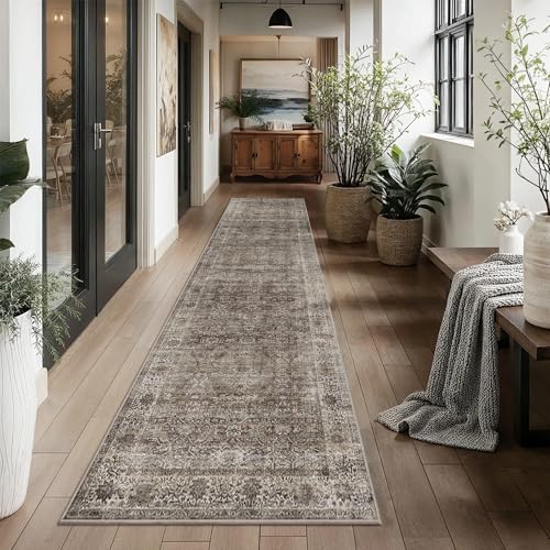 Zeeinx 3x12 Runner Rug Brown Grey Washable Runner Rugs for Hallway Kitchen | Boho Hallway Runner Rug Low Pile Non-Slip Vintage Distressed Long Rug Carpet for Entryway Bathroom Bedroom - color: Brown Grey, size: 3'*12'(Runner)