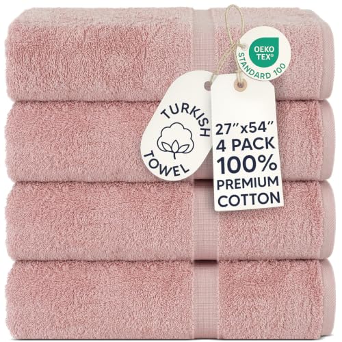 Chakir Turkish Linens 4 Piece Bath Towel Set, 100% Cotton Luxury Turkish Towels for Bathroom, Soft Absorbent Bath Towels, 27 x 54 Inches, Pink - color: Pink