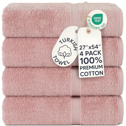 Chakir Turkish Linens 4 Piece Bath Towel Set, 100% Cotton Luxury Turkish Towels for Bathroom, Soft Absorbent Bath Towels, 27 x 54 Inches, Pink - color: Pink