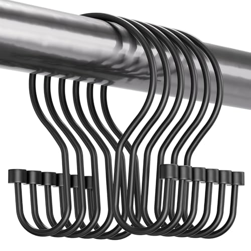 Bathway Shower Curtain Hooks Black Shower Curtain Rings, Simple Double Hook Shower Curtain Hooks Rust Proof, Smooth Sturdy Metal Shower Hooks for Shower Curtain Rod, 12Pcs Shower Rod Hooks - color: Black, style: Minimalist Shower Hooks with Cylinders