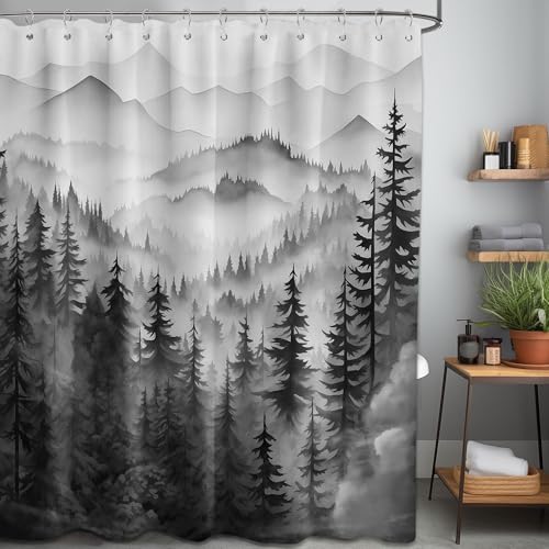 Mountain Shower Curtain Black and White Forest Nature Shower Curtains for Mens Bathroom Charcoal Grey Rustic Woodland Pine Tree Cool Bath Decor Sets, Waterproof Fabric with Hooks, 70x84in - color: Black and White, size: 70"W x 84"L (Pack of 1)