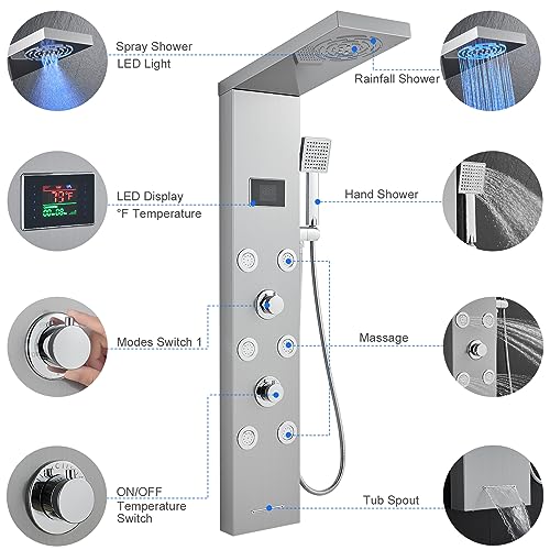 Stainless Steel Shower Panel Tower System with LED lights(No battery need), Hydroelectric LED Rainfall Shower Tower System with 6 Pcs Body Jets, Brushed Nickel - color: Brushed Nickel - 6 Body Jets