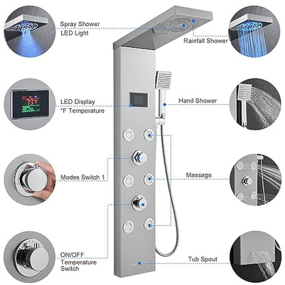 Stainless Steel Shower Panel Tower System with LED lights(No battery need), Hydroelectric LED Rainfall Shower Tower System with 6 Pcs Body Jets, Brushed Nickel - color: Brushed Nickel - 6 Body Jets